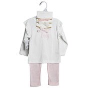 Wholesale - White/PK/Floral Long Sleeve Bodysuit with Shoulder Ruffle, Pants, and Bow Headband Baby Apparel Set Shabby Chic C/P 48, UPC: 195010105491